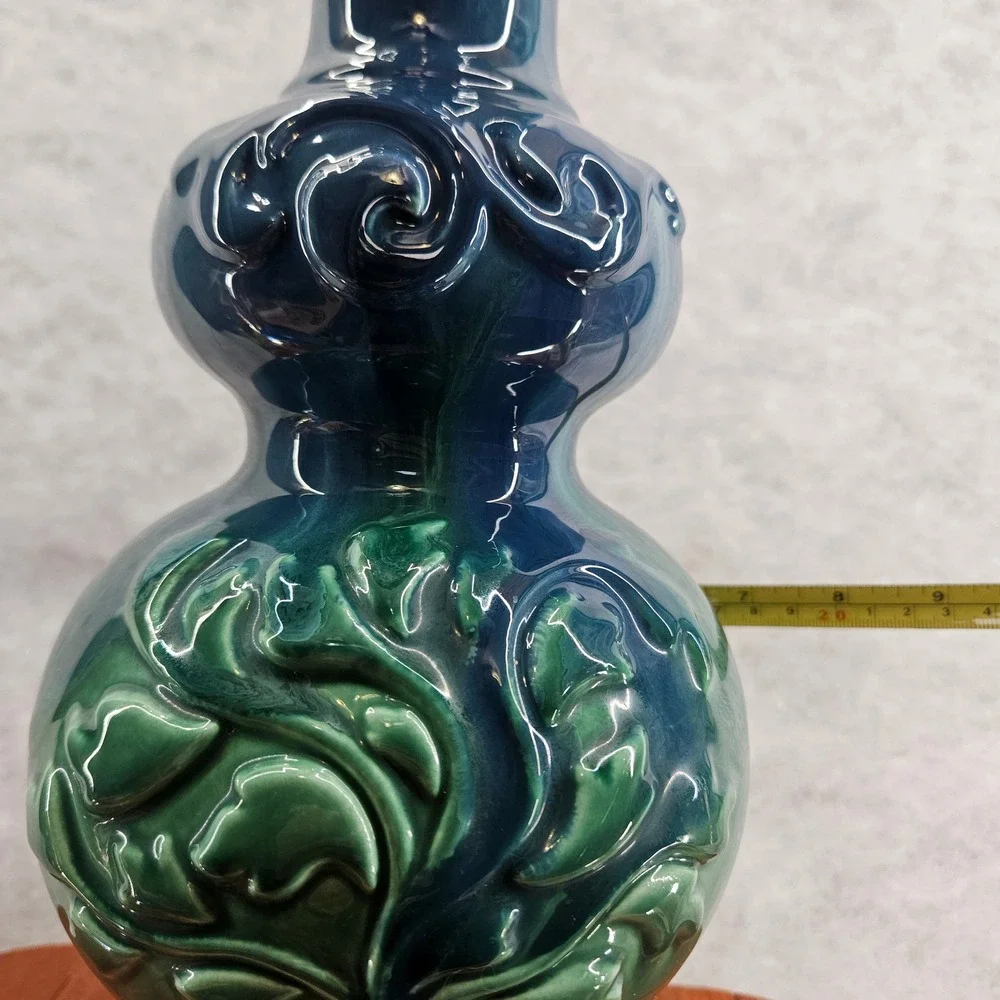Haeger USA Green‎ Teal Blue Ceramic Vase Raised Floral Tree Design 15